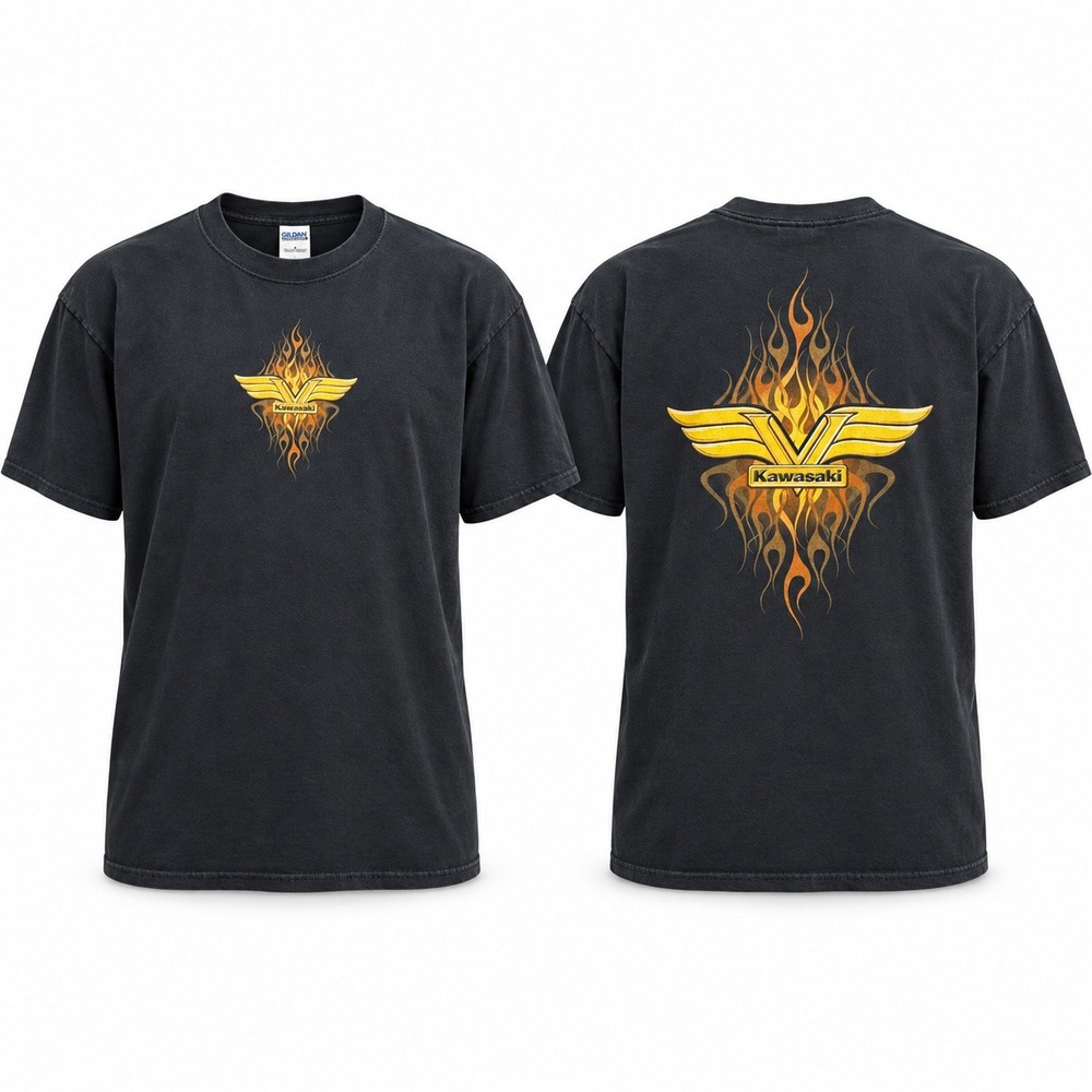 Kawasaki Vulcan Y2K T Shirt Mens L Black Flame Graphic Motorcycle Biker Tee